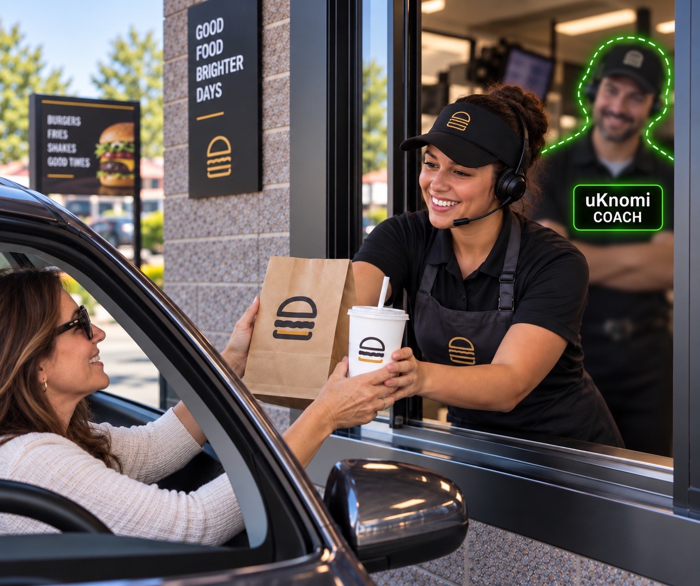 A crew member at the drive-thru window hands a bag and a drink to a guest waiting in her car.