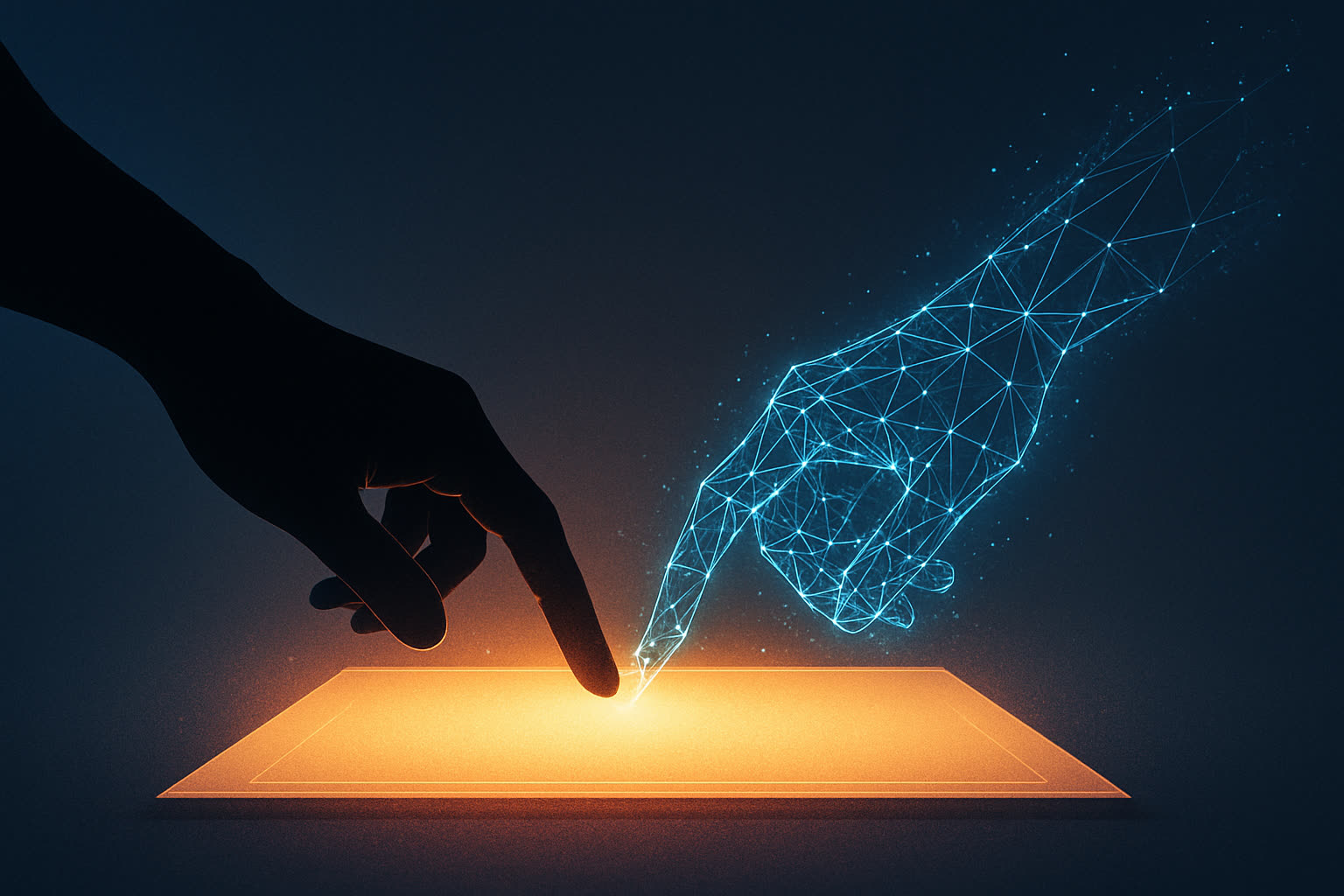 A human hand and a digital hand collaborating over a shared glowing workspace