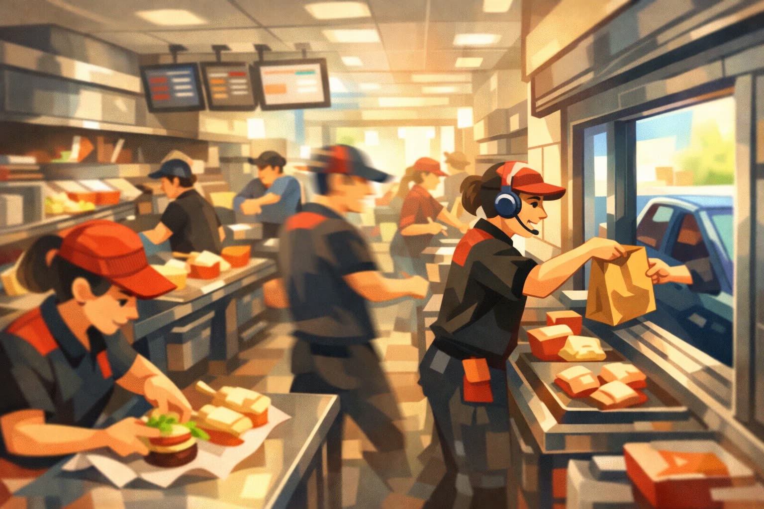 Bustling restaurant kitchen at lunch rush