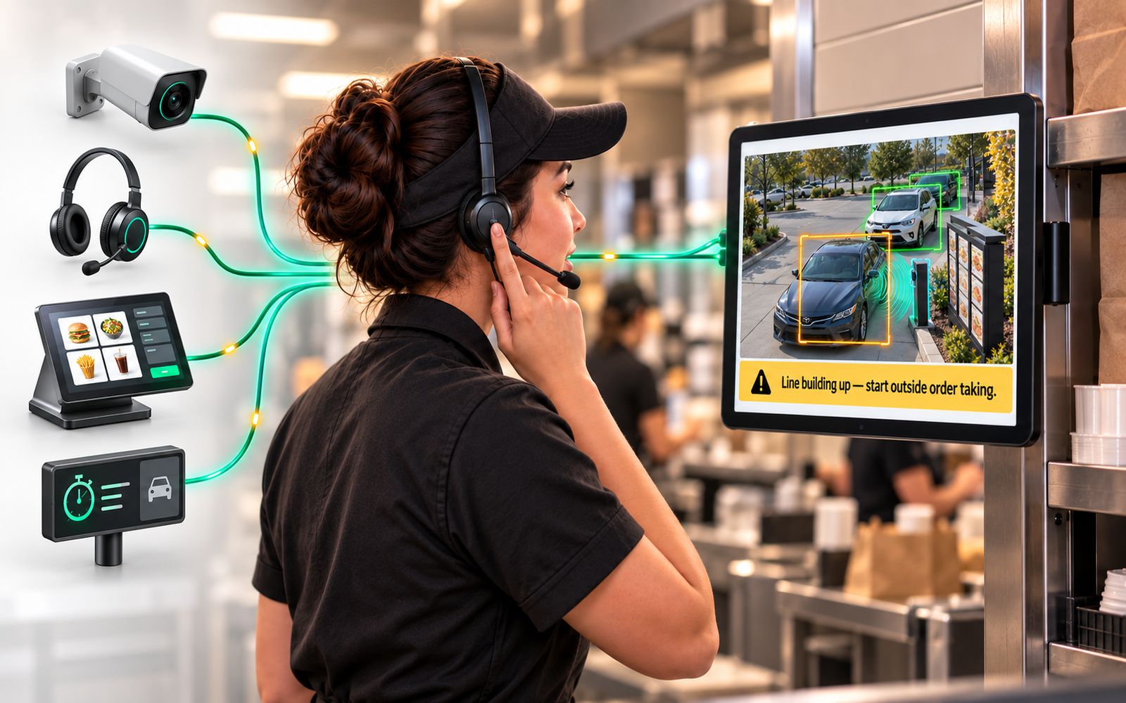 Restaurant employee wearing a headset responds to a tablet prompt to start outside order taking as the drive-thru line builds. Green lines connect camera, headset, POS and timer graphics to the tablet, illustrating connected data guiding real-time action.