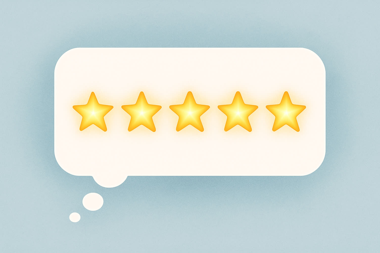 Five glowing stars in a modern thought bubble