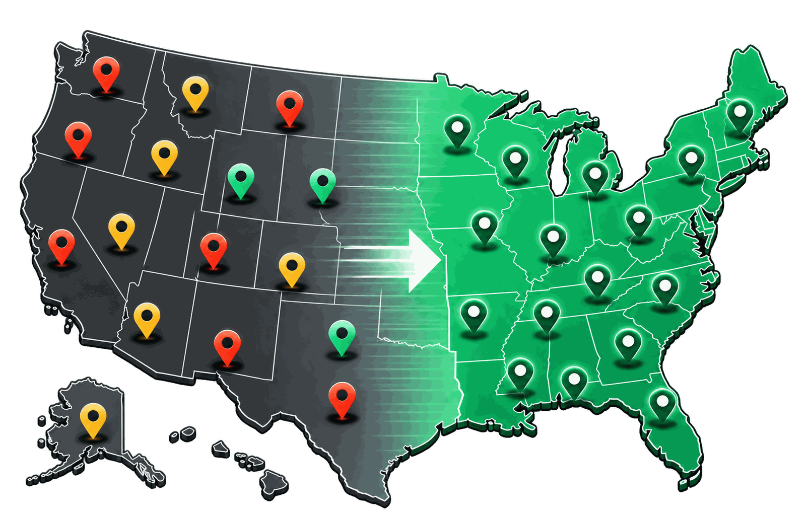 A map of the United States with a restaurant pin in each state. The western half is dark grey with red and amber pins; an arrow sweeps across to the eastern half, which is lit green with every pin green — uneven performance brought up to the level of the best.