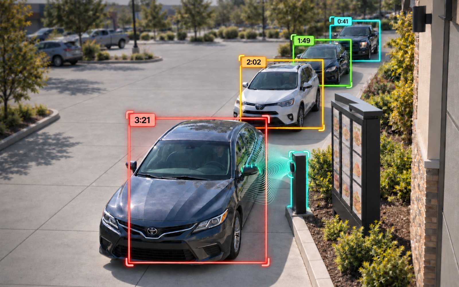 A drive-thru lane seen from above. Each waiting vehicle is outlined by the system and labelled with how long it has been in the lane — 3:21 at the speaker post down to 0:41 at the back — and sound waves show the order conversation being picked up at the board.