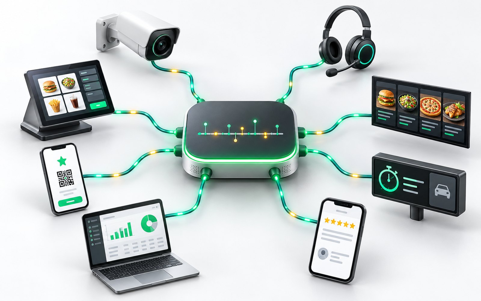 A central unit with lit cables running out to the systems a restaurant already has: a camera, a crew headset, a point-of-sale screen, a digital menu board, a drive-thru timer, a loyalty app, a reviews feed and a back-office dashboard.