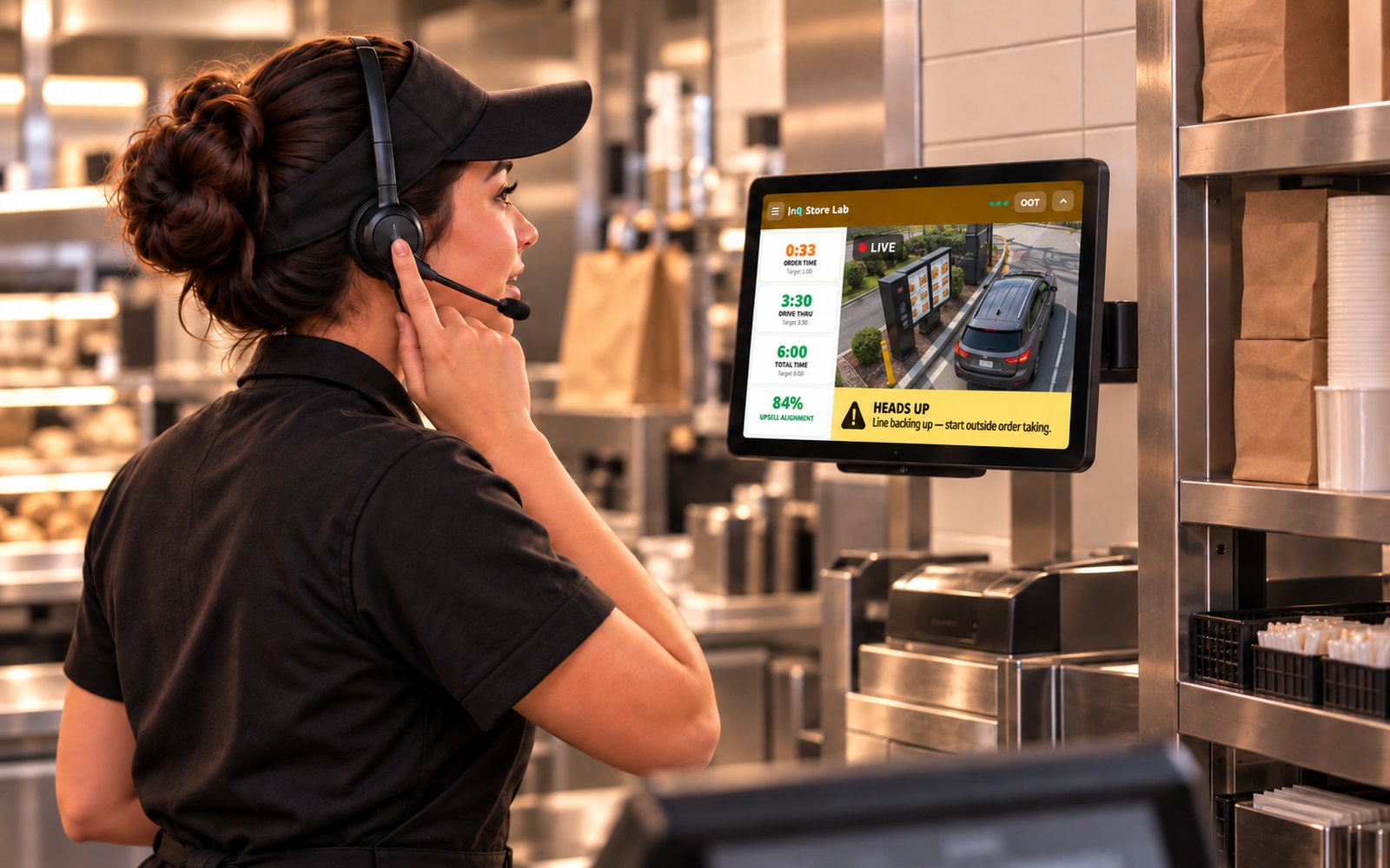 A crew member in a headset looks at a screen mounted above the counter. It shows live order, drive-thru and total times against their targets, an upsell alignment figure, a camera view of the lane, and a highlighted alert: the line is backing up, start outside order taking.
