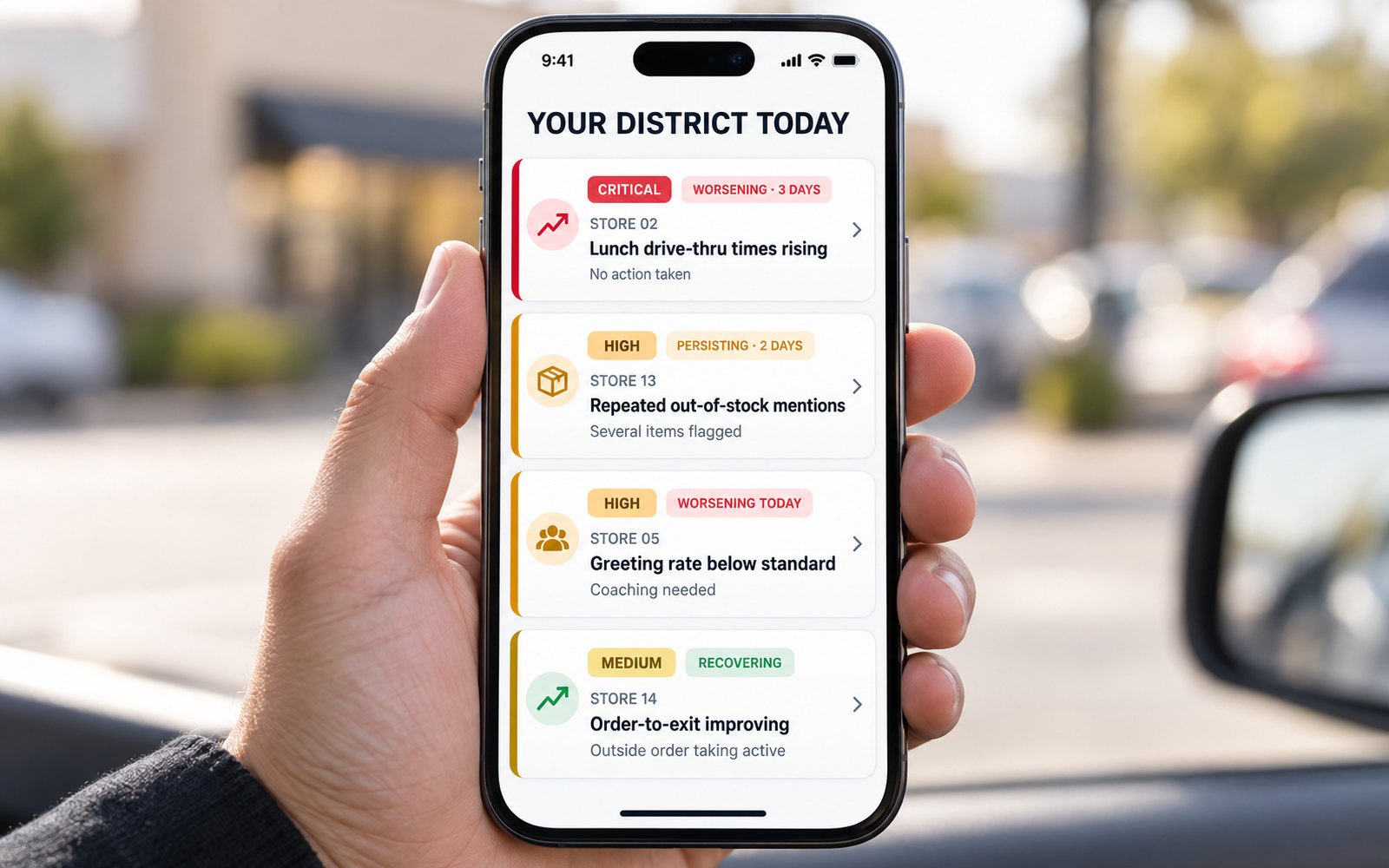 A phone held in a car, headed Your district today. Four restaurants are listed by priority with a trend on each — lunch drive-thru times rising and worsening over three days, repeated out-of-stock mentions, a greeting rate below standard, and one restaurant recovering.